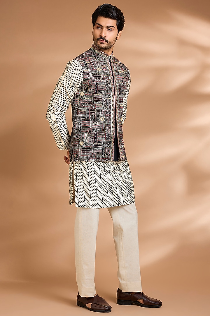 Black & Cream Silk Rayon Embroidered Bundi Jacket Set by Dhananjay at Pernia's Pop Up Shop