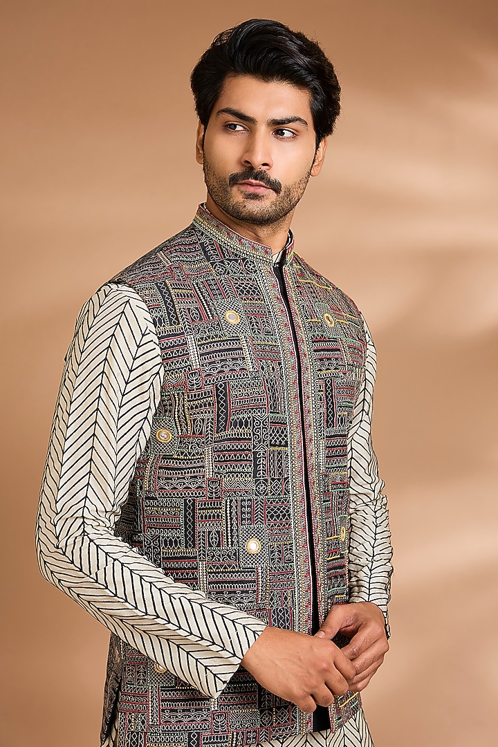 Black & Cream Silk Rayon Embroidered Bundi Jacket Set by Dhananjay at Pernia's Pop Up Shop