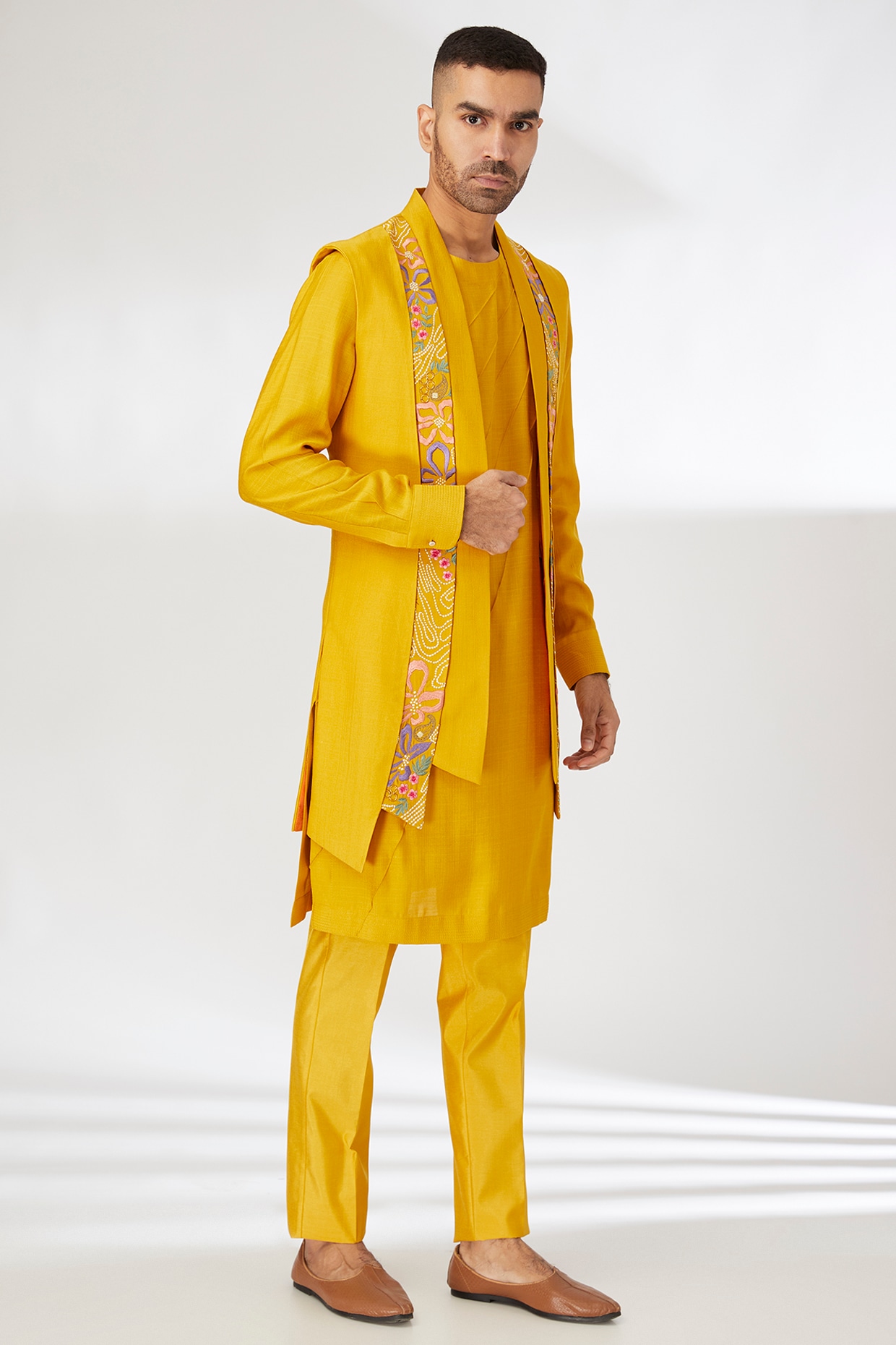 Dhananjay Yellow Silk Resham Embroidered Indo-Western Set