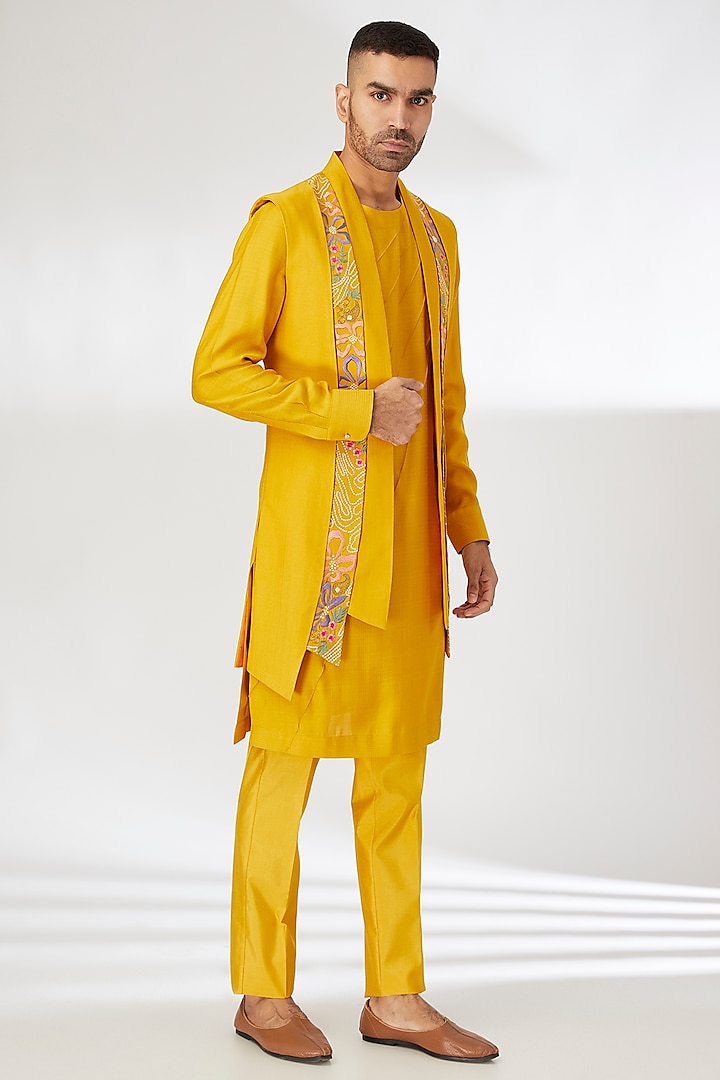 Yellow Silk Resham Embroidered Indo-Western Set by Dhananjay