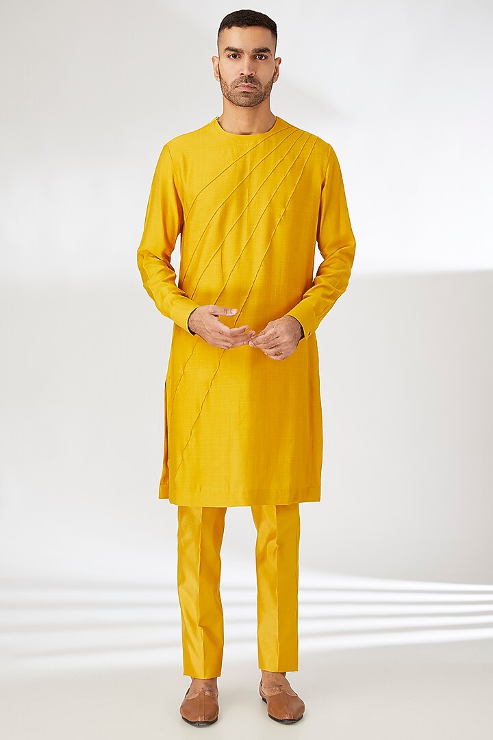 Yellow Silk Resham Embroidered Indo-Western Set by Dhananjay at Pernia's Pop Up Shop