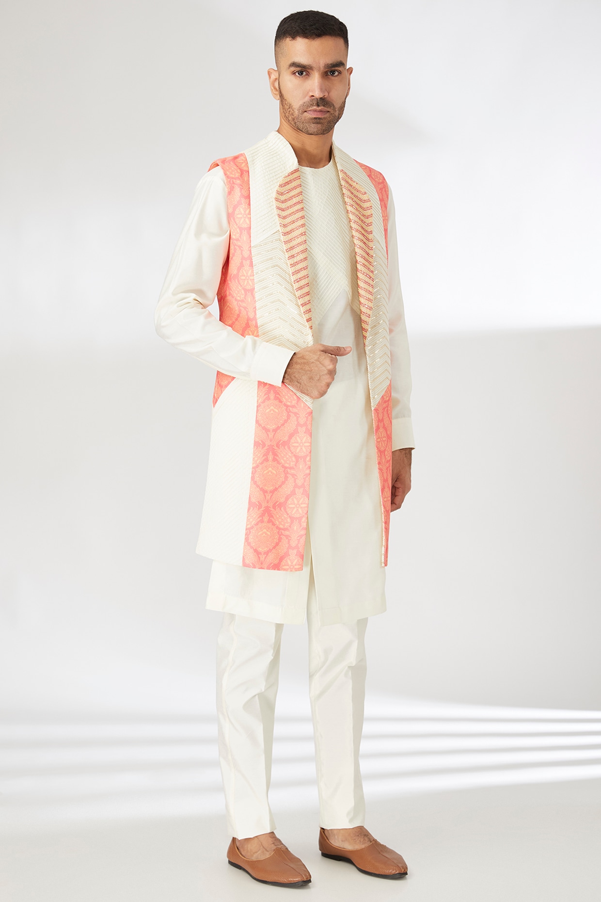 Dhananjay Ivory Silk Beads Embroidered Indo-Western Set