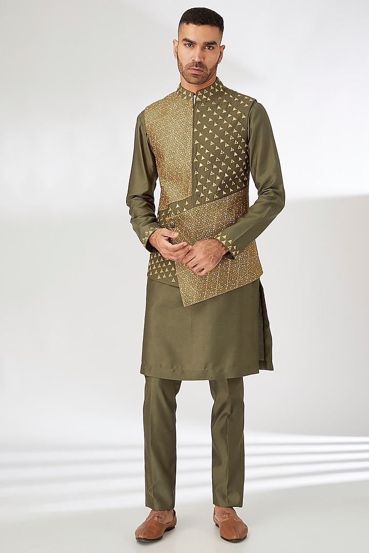 Green Silk Mirror Hand Embroidered Nehru Jacket Set by Dhananjay