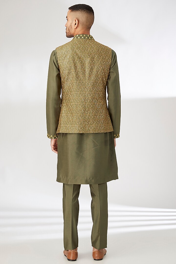 Green Silk Mirror Hand Embroidered Nehru Jacket Set by Dhananjay at Pernia's Pop Up Shop
