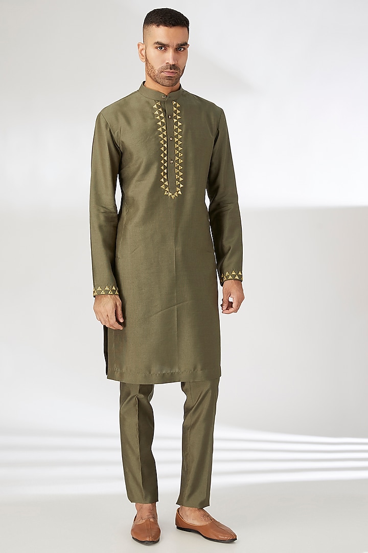Green Silk Mirror Hand Embroidered Nehru Jacket Set by Dhananjay at Pernia's Pop Up Shop