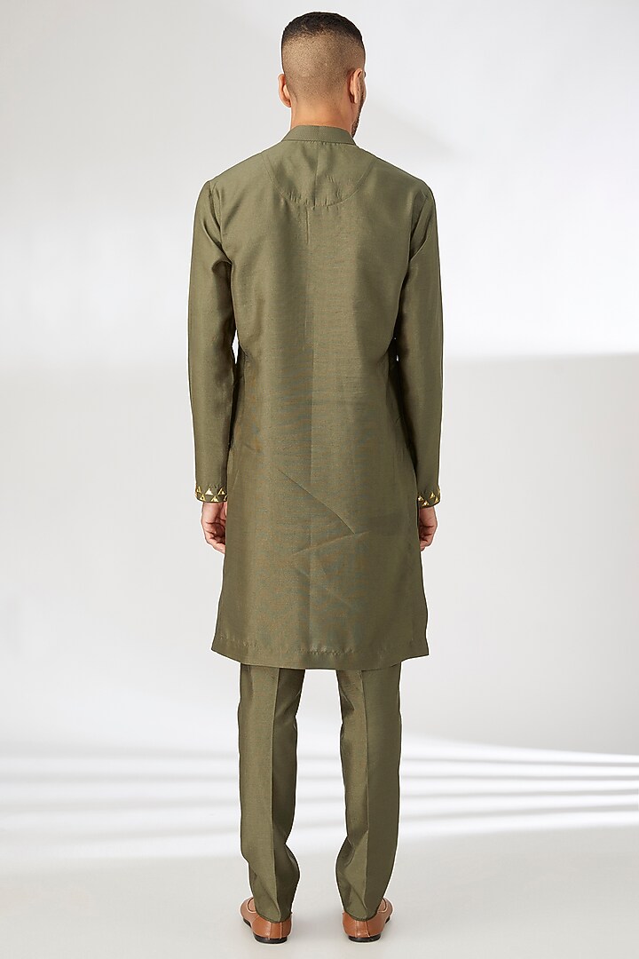 Green Silk Mirror Hand Embroidered Nehru Jacket Set by Dhananjay at Pernia's Pop Up Shop