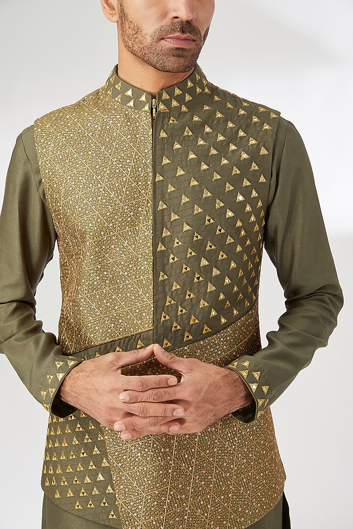 Green Silk Mirror Hand Embroidered Nehru Jacket Set by Dhananjay at Pernia's Pop Up Shop