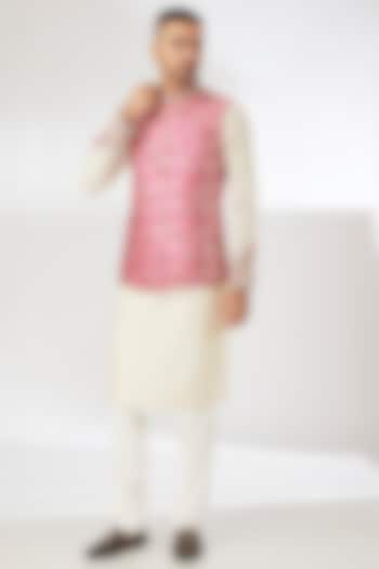 Pink Silk Brocade Zardosi Embroidered Nehru Jacket Set by Dhananjay