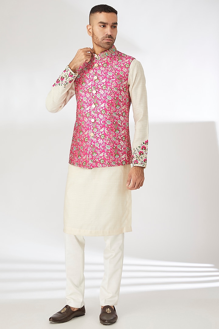 Pink Silk Brocade Zardosi Embroidered Nehru Jacket Set by Dhananjay