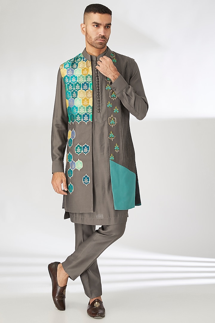 Dark Mouse Cotton Silk Applique Embroidered Indo-Western Jacket Set by Dhananjay at Pernia's Pop Up Shop