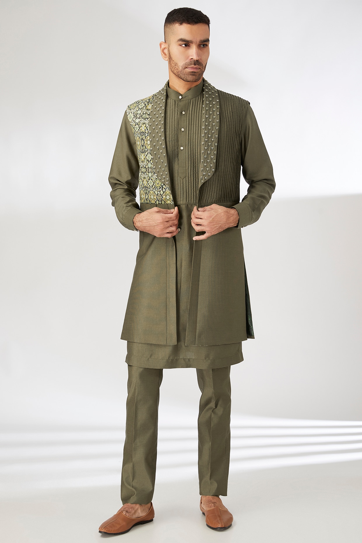 Olive Green Silk Hand Embroidered Indo-Western Jacket Set by