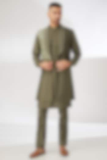 Olive Green Silk Hand Embroidered Indo-Western Jacket Set by Dhananjay at Pernia's Pop Up Shop