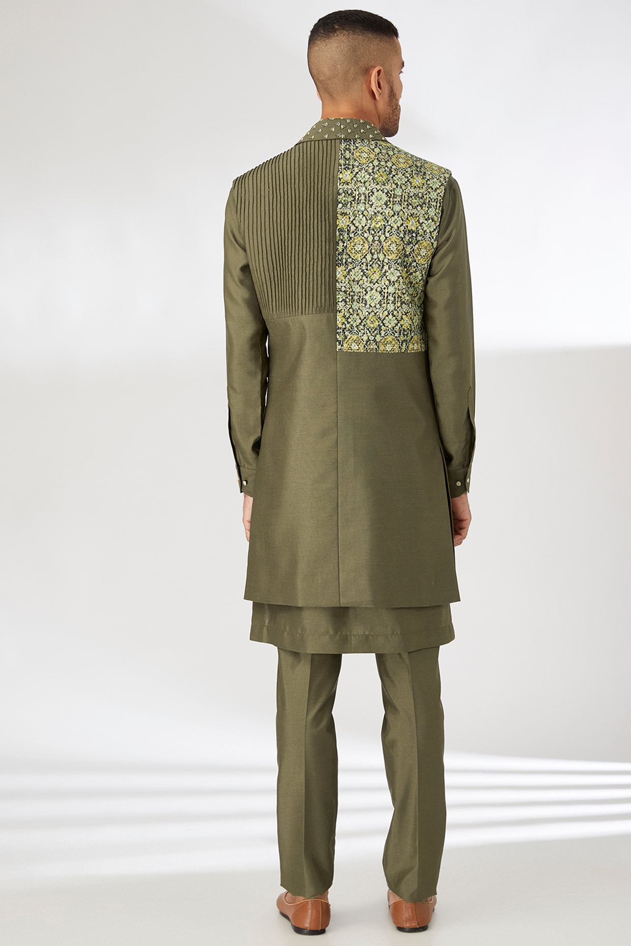 Olive Green Silk Hand Embroidered Indo-Western Jacket Set by Olive Green Silk Hand Embroidered Indo-Western Jacket Set by
