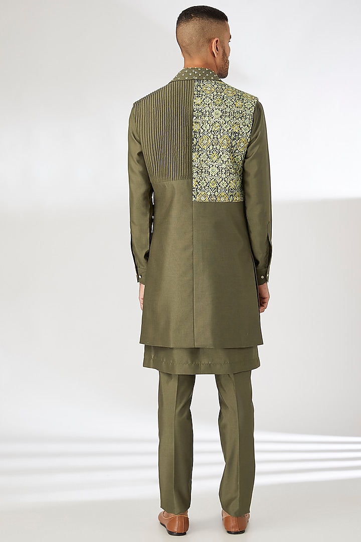 Olive Green Silk Hand Embroidered Indo-Western Jacket Set by Dhananjay at Pernia's Pop Up Shop