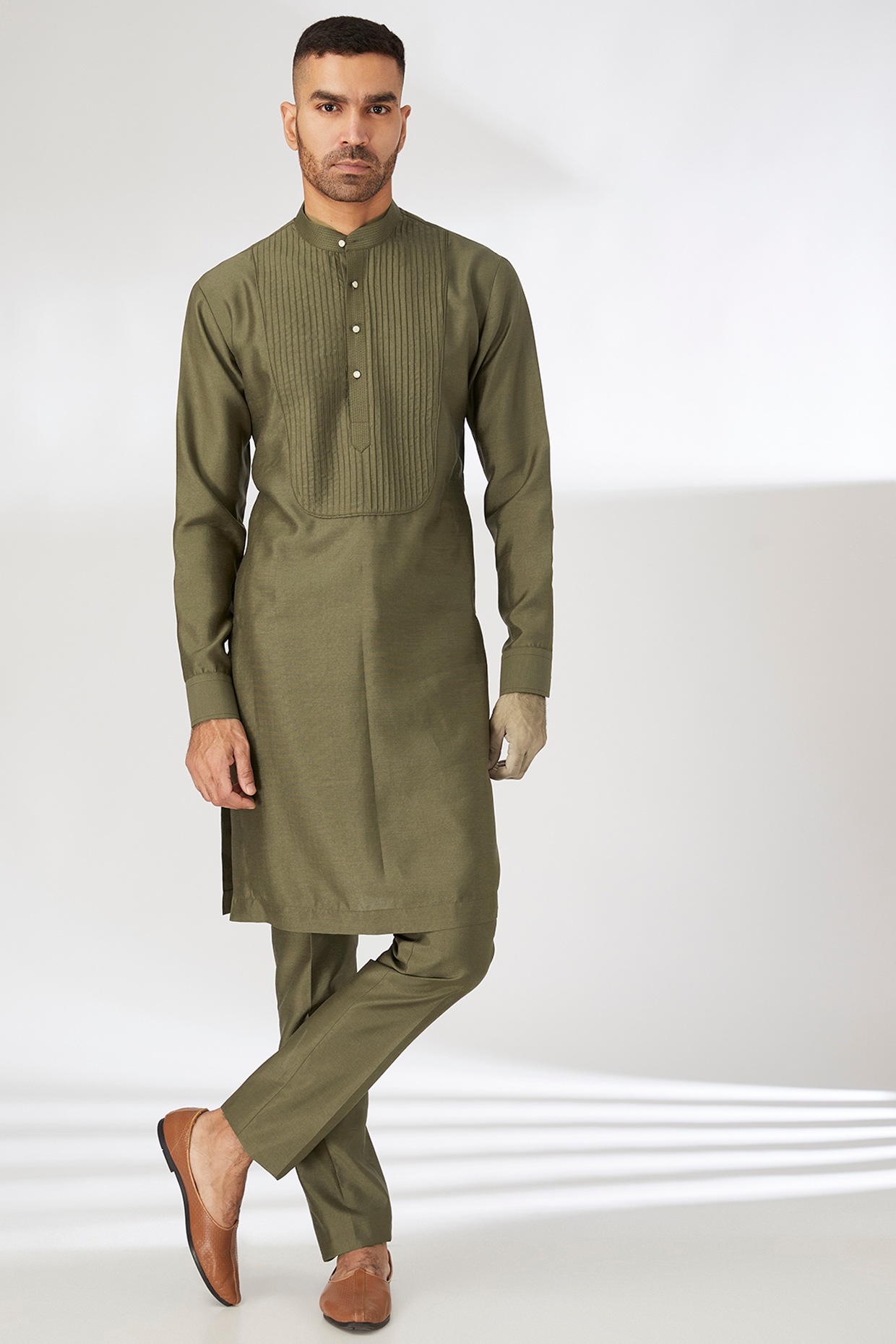 Olive Green Silk Hand Embroidered Indo-Western Jacket Set by