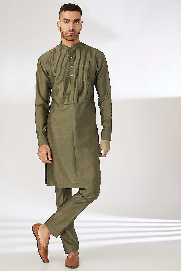 Olive Green Silk Hand Embroidered Indo-Western Jacket Set by Dhananjay at Pernia's Pop Up Shop