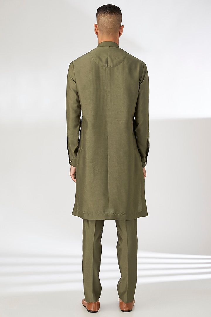Olive Green Silk Hand Embroidered Indo-Western Jacket Set by Dhananjay at Pernia's Pop Up Shop
