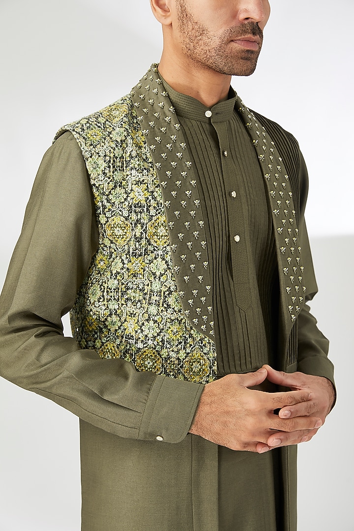 Olive Green Silk Hand Embroidered Indo-Western Jacket Set by Dhananjay at Pernia's Pop Up Shop
