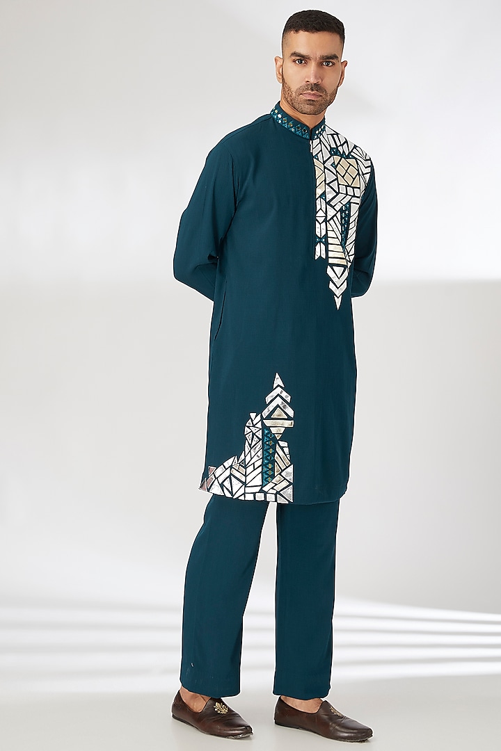 Blue Naysa Silk Mirror Embroidered Kurta Set by Dhananjay