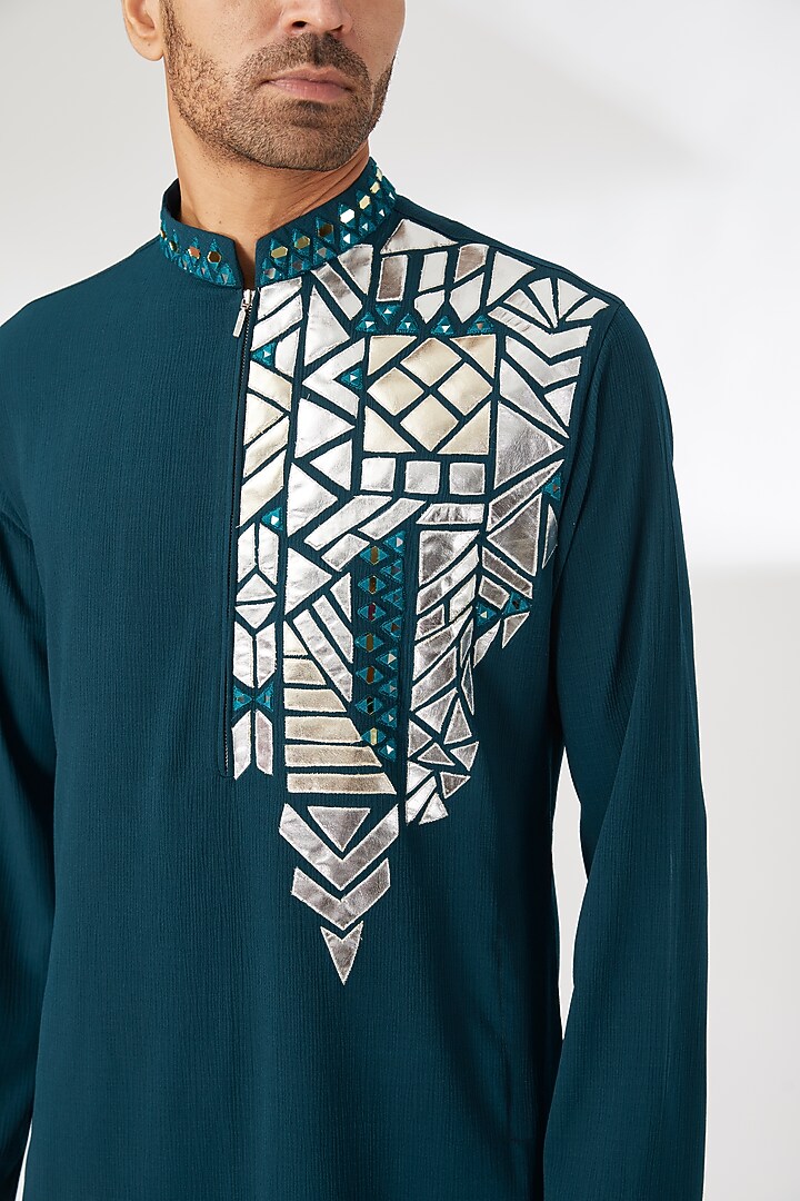 Blue Naysa Silk Mirror Embroidered Kurta Set by Dhananjay at Pernia's Pop Up Shop