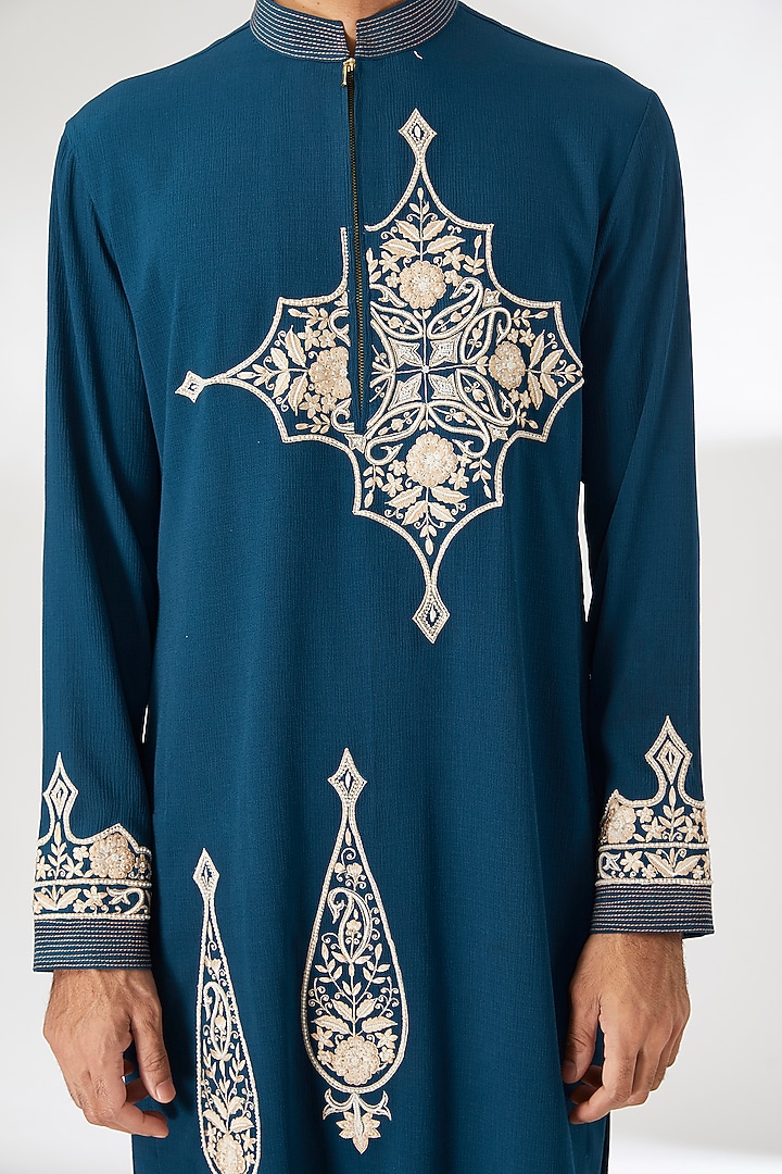 Blue Naysa Silk Thread & Beads Embroidered Kurta Set by Dhananjay at Pernia's Pop Up Shop