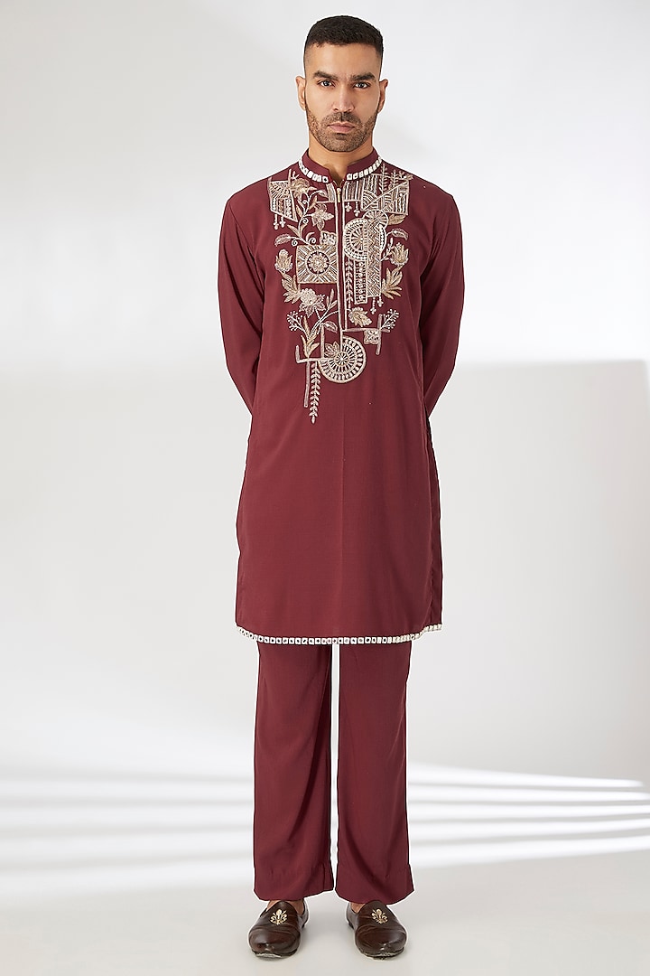 Maroon Naysa Silk Thread & Mirror Embroidered Kurta Set by Dhananjay