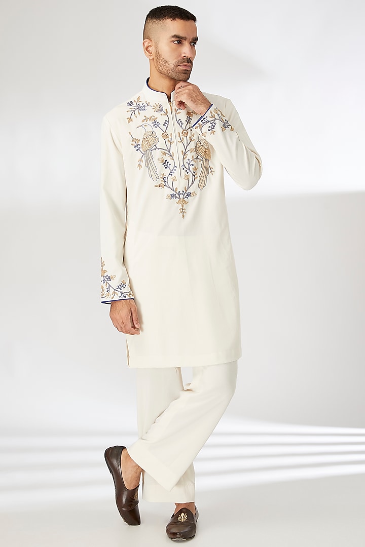 Ivory Silk Leaf Motif Thread Embroidered Kurta Set by Dhananjay