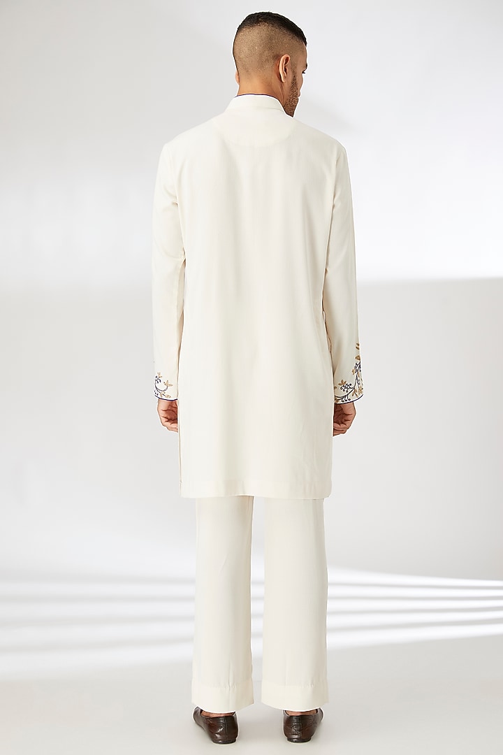 Ivory Silk Leaf Motif Thread Embroidered Kurta Set by Dhananjay at Pernia's Pop Up Shop