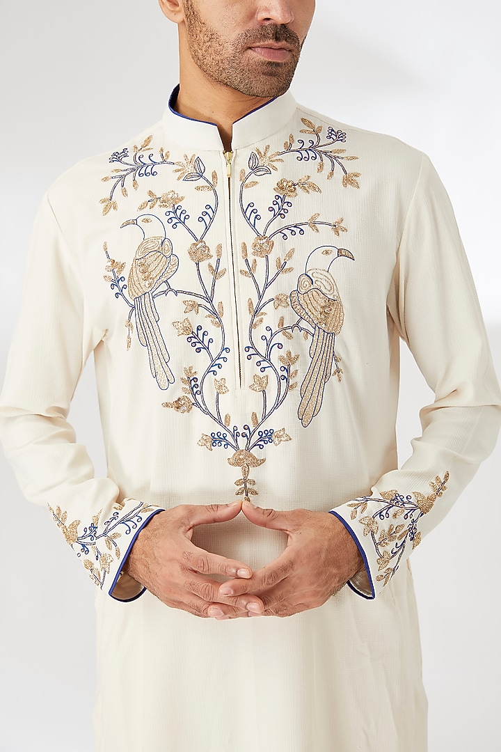 Ivory Silk Leaf Motif Thread Embroidered Kurta Set by Dhananjay at Pernia's Pop Up Shop