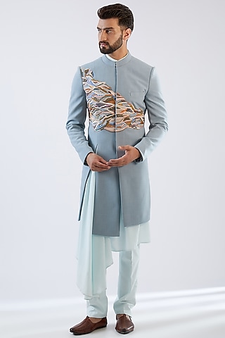 Blue Terry Rayon Hand Embroidered Indowestern Set by Dhananjay