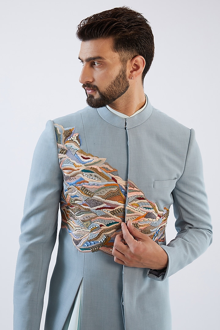 Blue Terry Rayon Hand Embroidered Wedding Indowestern Set by Dhananjay at Pernia's Pop Up Shop