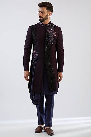 Wine Velvet & Terry Rayon Hand Embroidered Indowestern Set by Dhananjay