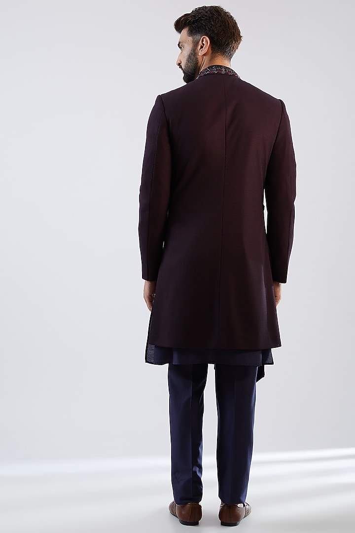Wine Velvet & Terry Rayon Hand Embroidered Wedding Indowestern Set by Dhananjay at Pernia's Pop Up Shop