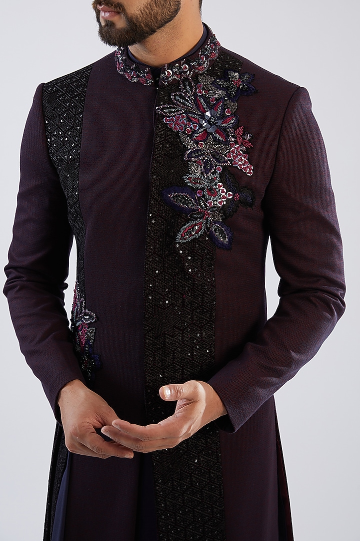 Wine Velvet & Terry Rayon Hand Embroidered Wedding Indowestern Set by Dhananjay at Pernia's Pop Up Shop