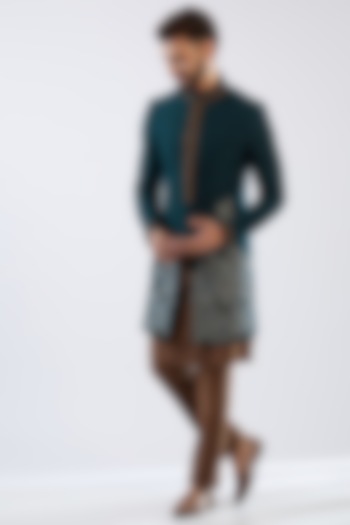 Teal Terry Rayon Hand Embroidered Wedding Indowestern Set by Dhananjay at Pernia's Pop Up Shop