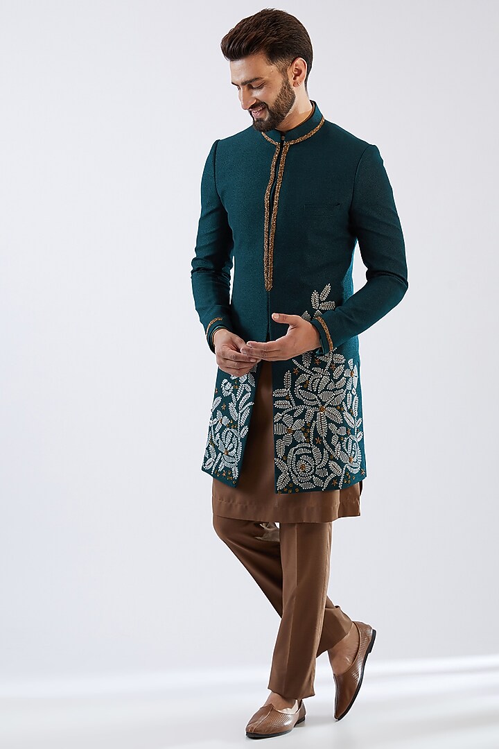 Teal Terry Rayon Hand Embroidered Wedding Indowestern Set by Dhananjay at Pernia's Pop Up Shop