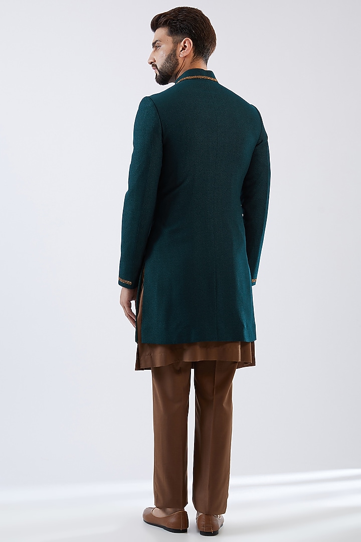 Teal Terry Rayon Hand Embroidered Wedding Indowestern Set by Dhananjay at Pernia's Pop Up Shop