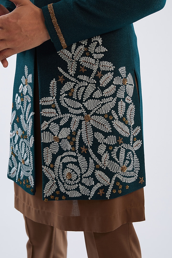 Teal Terry Rayon Hand Embroidered Wedding Indowestern Set by Dhananjay at Pernia's Pop Up Shop