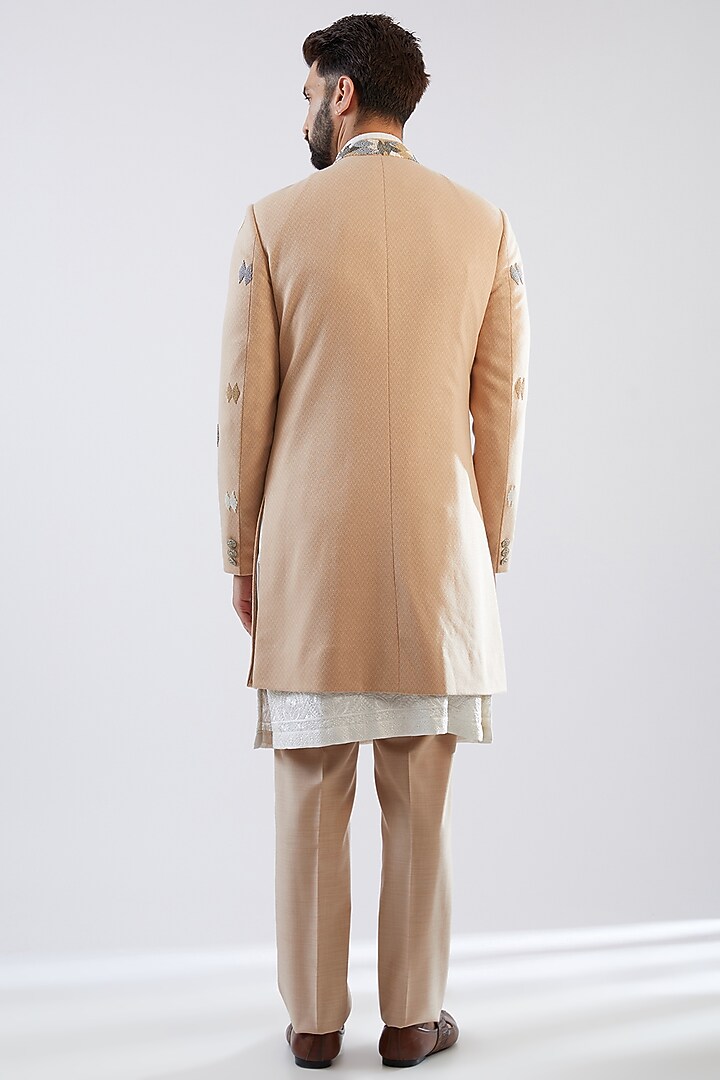 Peach Stretched Terry Rayon Hand Embroidered Wedding Indowestern Set by Dhananjay at Pernia's Pop Up Shop