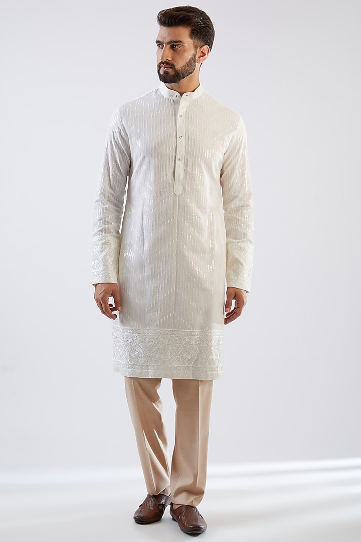Peach Stretched Terry Rayon Hand Embroidered Wedding Indowestern Set by Dhananjay at Pernia's Pop Up Shop