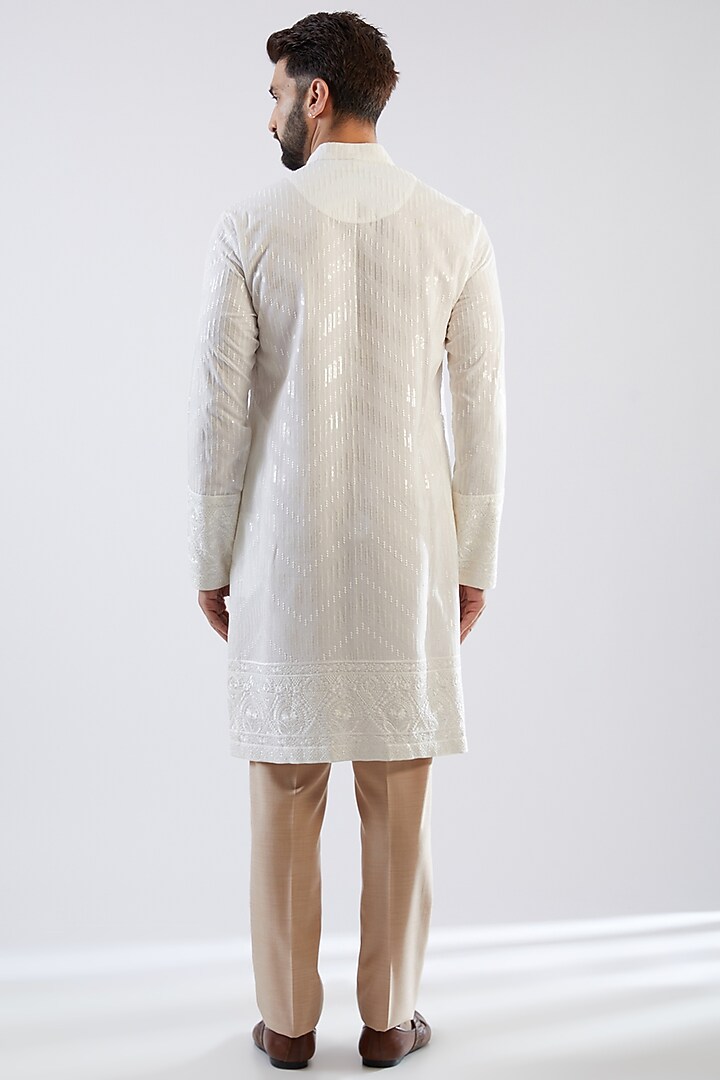 Peach Stretched Terry Rayon Hand Embroidered Wedding Indowestern Set by Dhananjay at Pernia's Pop Up Shop