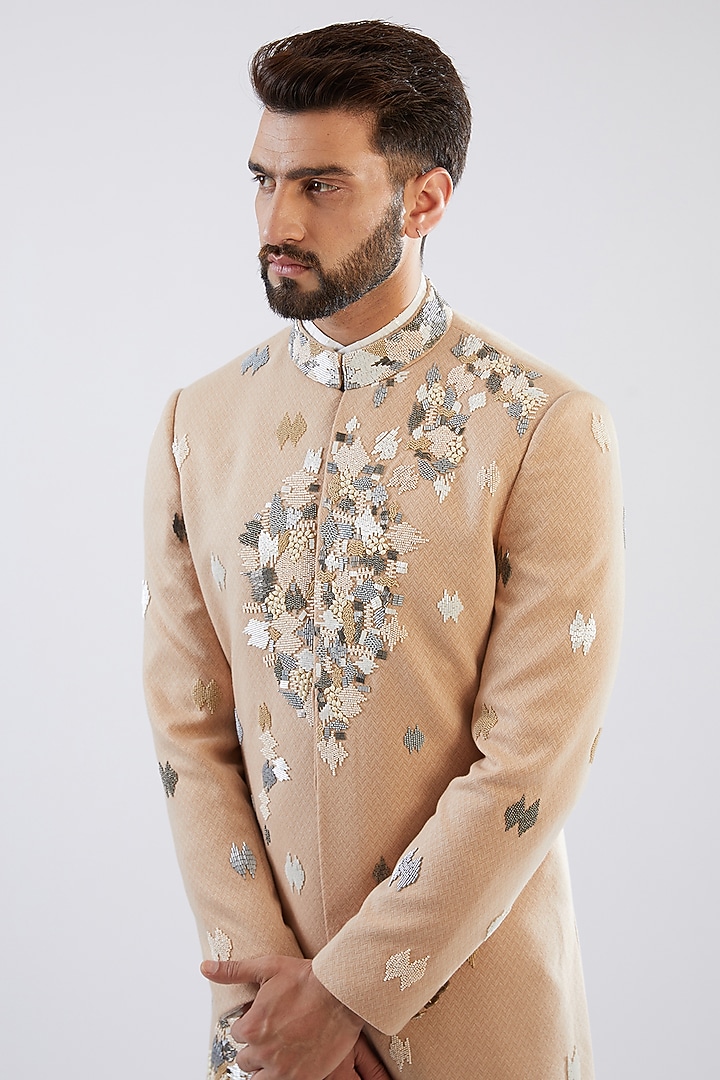 Peach Stretched Terry Rayon Hand Embroidered Wedding Indowestern Set by Dhananjay at Pernia's Pop Up Shop