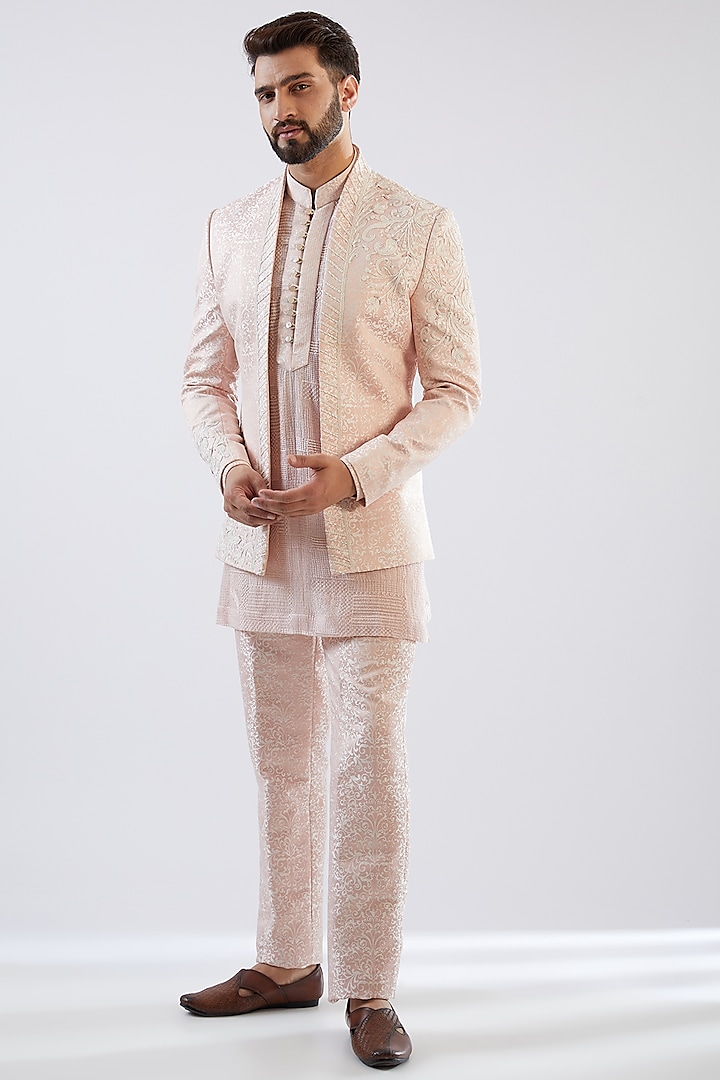 Blush Pink Silk Brocade Hand Embroidered Wedding Indowestern Set by Dhananjay at Pernia's Pop Up Shop