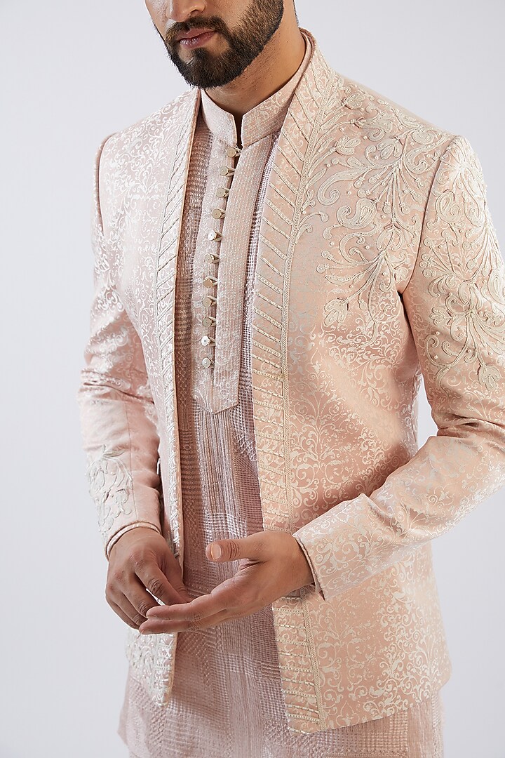 Blush Pink Silk Brocade Hand Embroidered Wedding Indowestern Set by Dhananjay at Pernia's Pop Up Shop