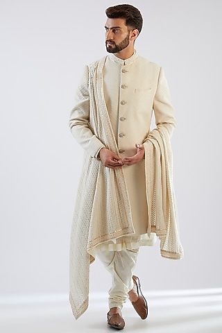 Ivory Georgette Hand Embroidered Sherwani Set by Dhananjay