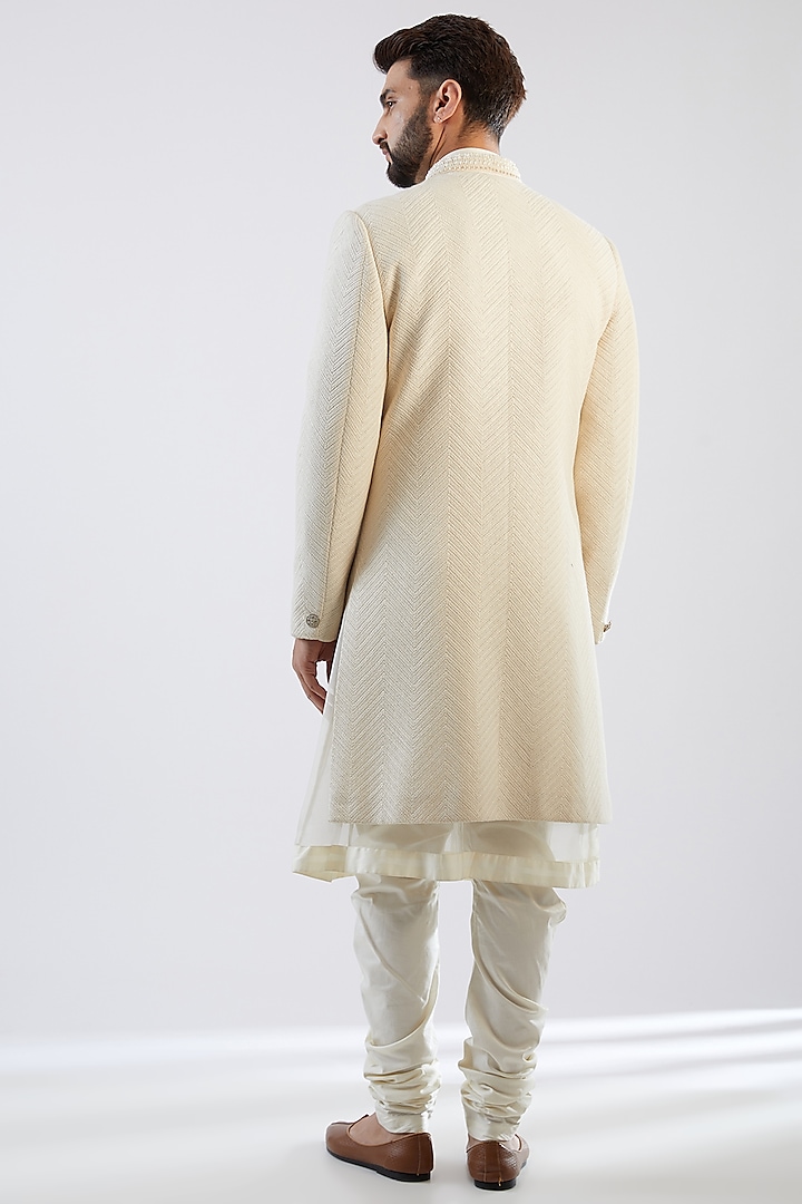 Ivory Georgette Hand Embroidered Wedding Sherwani Set by Dhananjay at Pernia's Pop Up Shop