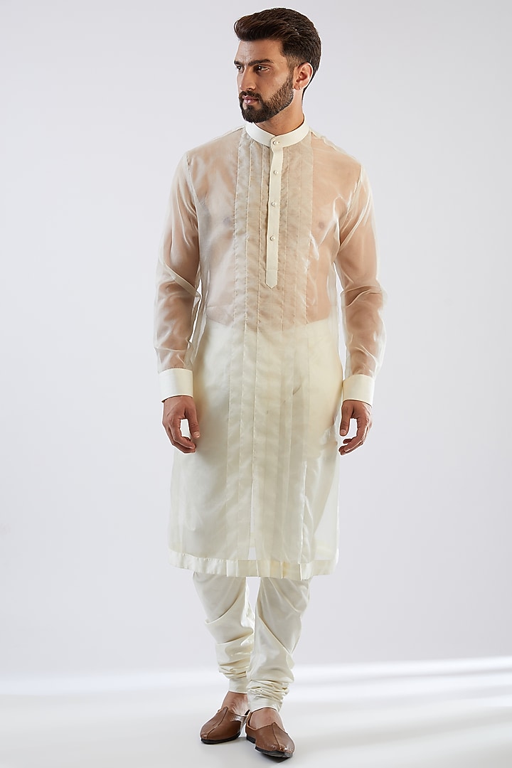 Ivory Georgette Hand Embroidered Wedding Sherwani Set by Dhananjay at Pernia's Pop Up Shop