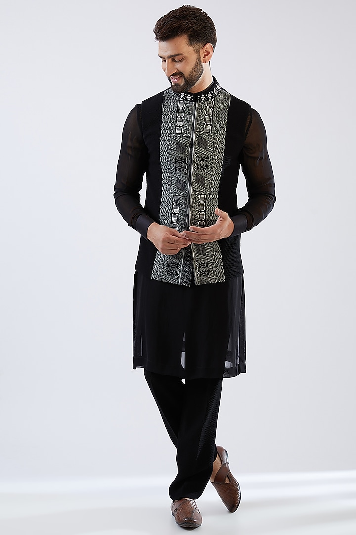 Black Georgette Wedding Indowestern Set by Dhananjay at Pernia's Pop Up Shop