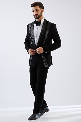 Black Terry Rayon Tuxedo Set by Dhananjay