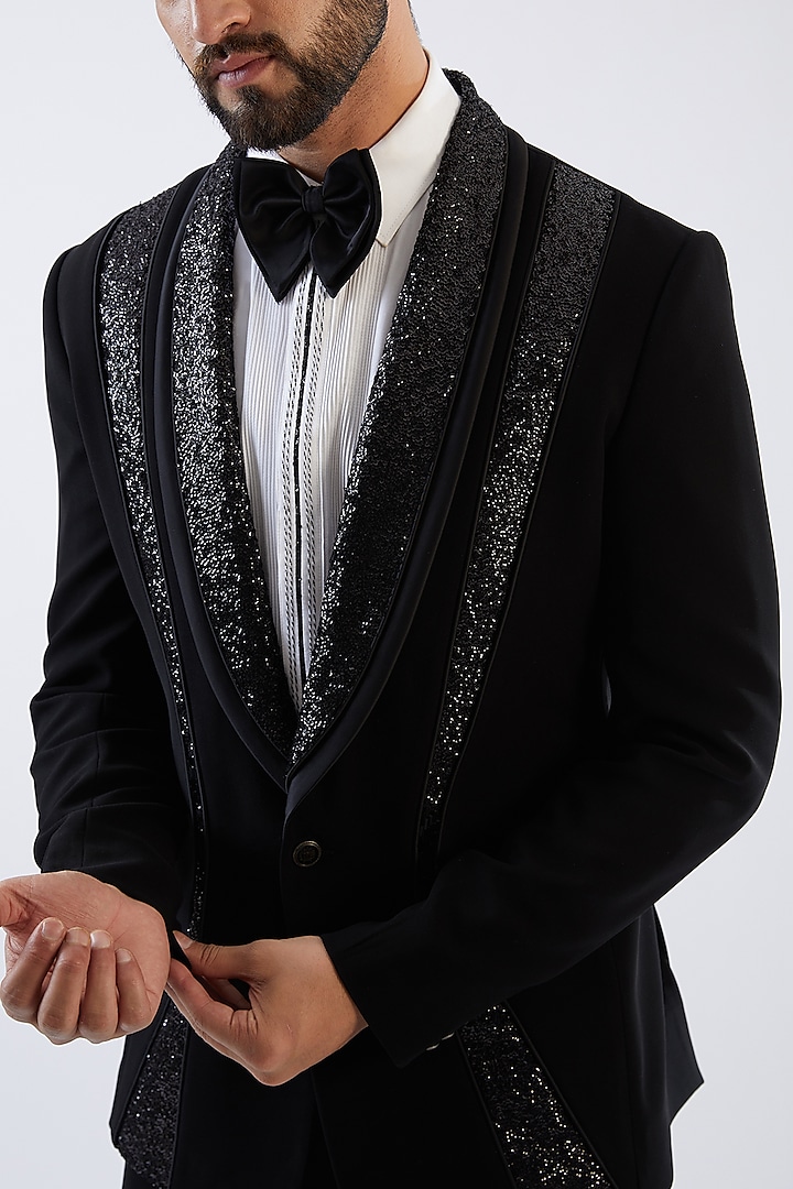 Black Terry Rayon Tuxedo Set by Dhananjay